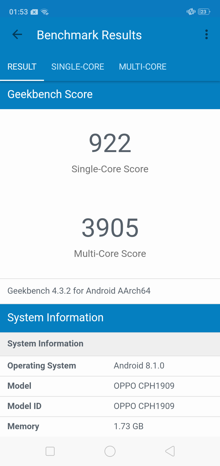 Результаты OPPO A5s в Geekbench 4.